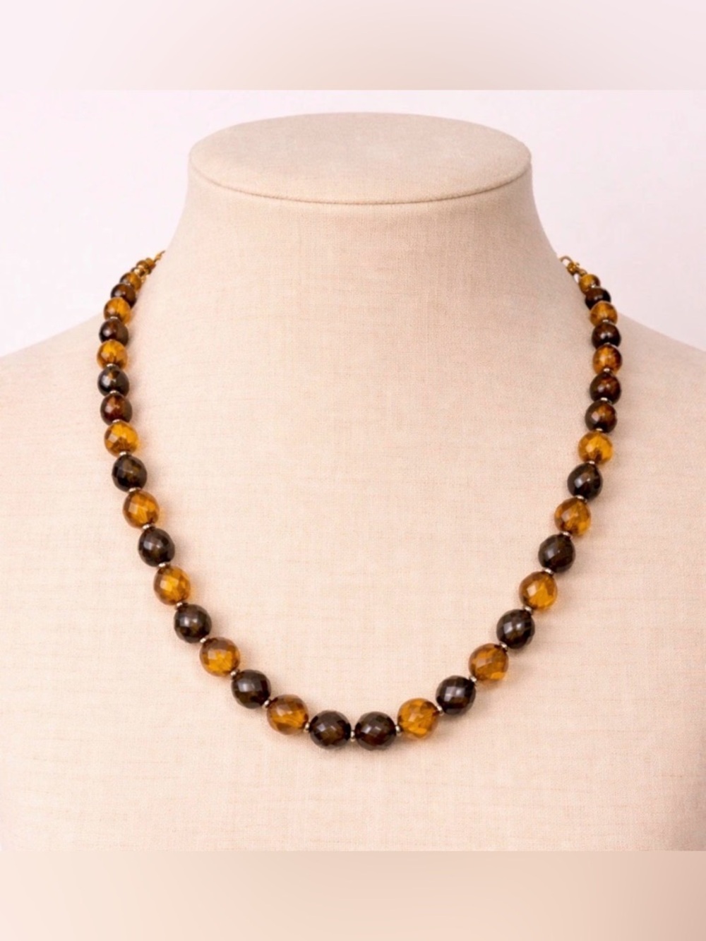 Joan Rivers Faceted Bead Necklace Amber Brown Glass Gold Tone Adjustable Chain 8